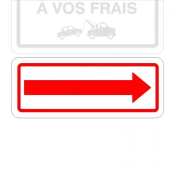 Plaque de stationnement complémentaire, flèche sur le côté, rouge et contour rouge sur fond blanc