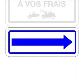 Plaque de stationnement complémentaire, flèche directionnelle et contour bleu sur fond blanc