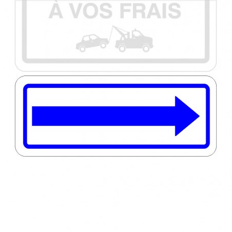 Plaque de stationnement complémentaire, flèche sur le côté, bleue et contour bleu sur fond blanc