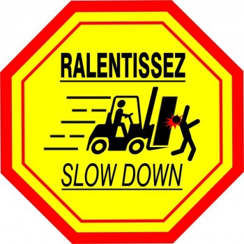 Autocollant de sécurité bilingue pour plancher commercial et industriel - Chariot élévateur, Ralentissez / slow down
