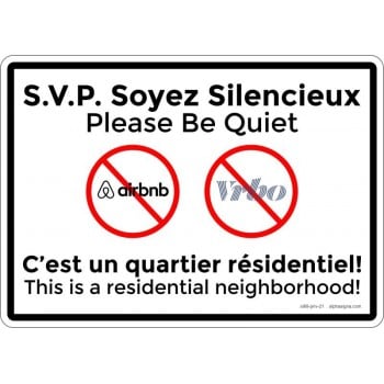 Affiche bilingue de propriété privée: SVP soyez silencieux pour situation airbnb et vrbo