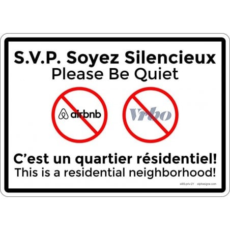 Affiche bilingue de propriété privée: SVP soyez silencieux pour situation airbnb et vrbo