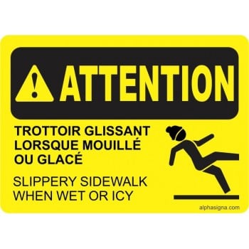 Affiche hivernale bilingue : Attention, troittoir glissant lorsque mouillé ou glacé