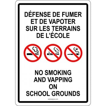Affiche bilingue défense de fumer, vapoter et cannabis sur les terrains de l'école