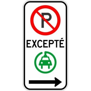 Panneau de Stationnement interdit excepté véhicule électrique, flèche vers la droite