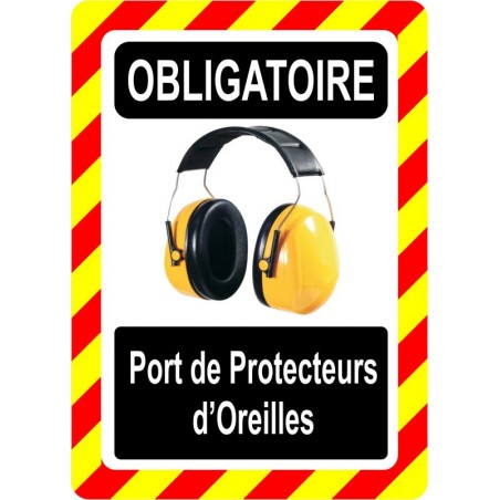Pancarte d'équipement de protection individuelle: Obligatoire, port de protecteurs d'oreilles, modèle jaune