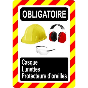 Pancarte d'équipement de protection individuelle: Obligatoire, casque, lunettes et protecteus d'oreilles
