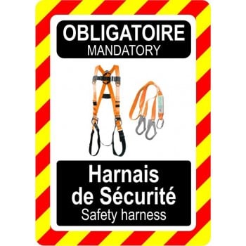 Pancarte bilingue d'équipement de protection individuelle: Obligatoire, port du harnais de sécurité, modèle orange