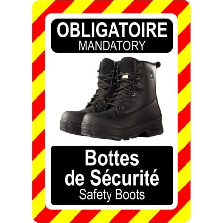Pancarte bilingue d'équipement de protection individuelle: Obligatoire, Bottes de sécurité, modèle noir