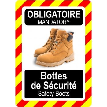 Pancarte bilingue d'équipement de protection individuelle: Obligatoire, Bottes de sécurité, modèle brun