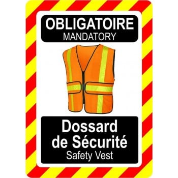 Pancarte bilingue d'équipement de protection individuelle: Obligatoire, dossard de sécurité, modèle orange
