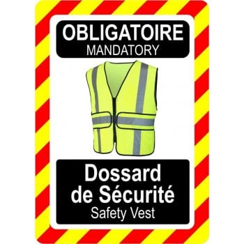 Pancarte bilingue d'équipement de protection individuelle: Obligatoire, dossard de sécurité, modèle jaune