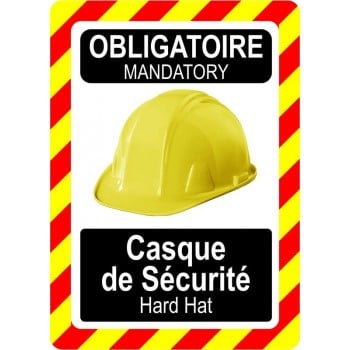 Pancarte bilingue d'équipement de protection individuelle: Obligatoire, casque de sécurité, modèle jaune