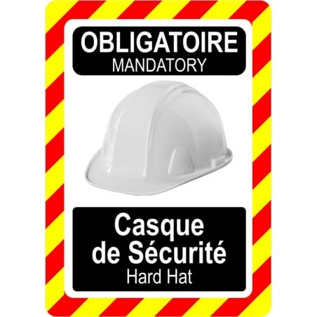Pancarte bilingue d'équipement de protection individuelle: Obligatoire, casque de sécurité, modèle blanc