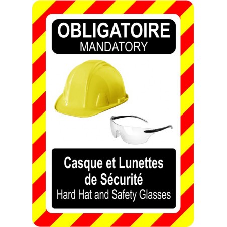 Pancarte bilingue d'équipement de protection individuelle: Obligatoire, casque et lunettes de sécurité