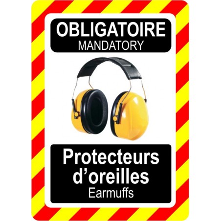 Pancarte bilingue d'équipement de protection individuelle: Obligatoire, port de protecteurs d'oreilles, modèle jaune
