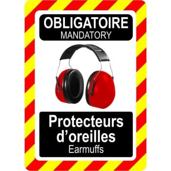 Pancarte bilingue d'équipement de protection individuelle: Obligatoire, port de protecteurs d'oreilles, modèle rouge