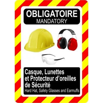 Pancarte bilingue d'équipement de protection individuelle: Obligatoire, casque, lunettes et protecteus d'oreilles