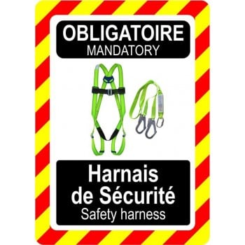 Pancarte bilingue d'équipement de protection individuelle: Obligatoire, port du harnais de sécurité, modèle vert