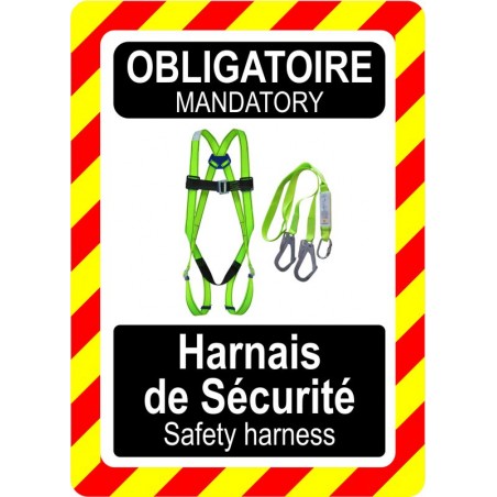 Pancarte bilingue d'équipement de protection individuelle: Obligatoire, port du harnais de sécurité, modèle vert