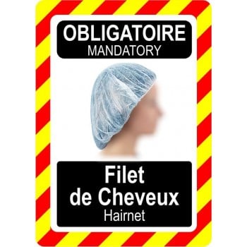 Pancarte bilingue d'équipement de protection individuelle: Obligatoire, port du filet de cheveux, modèle bleu