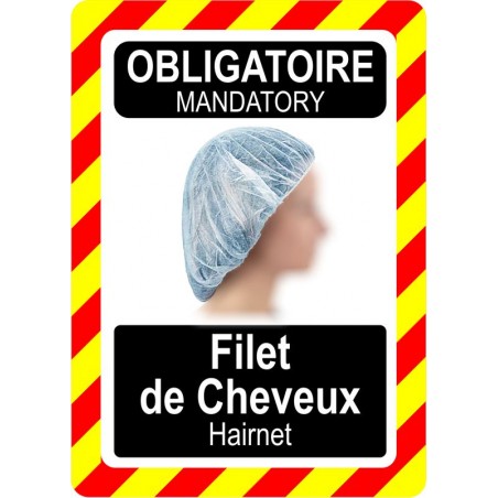 Pancarte bilingue d'équipement de protection individuelle: Obligatoire, port du filet de cheveux, modèle bleu