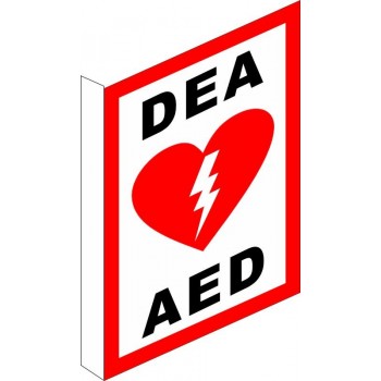 Affiche de sécurité pour défibrillation: DEA / AED perpendiculaire avec contour rouge (en forme de L)