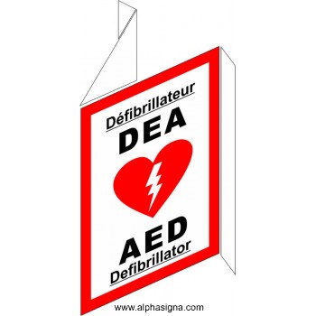 Affiche de sécurité bilingue pour défibrillation: DEA / AED avec contour rouge (en forme de V) (type 3D)