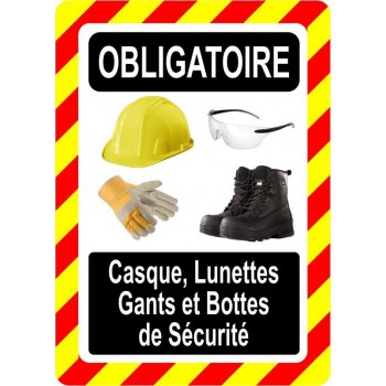 Pancarte d'équipement de protection individuelle: Obligatoire, casque, lunettes, gants et bottes de sécurité