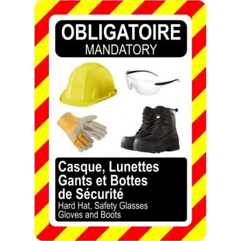 Pancarte bilingue d'équipement de protection individuelle: Obligatoire, casque, lunettes, gants et bottes de sécurité