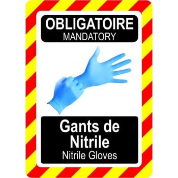 Pancarte bilingue d'équipement de protection individuelle: Obligatoire, port de gants de nitrile, modèle bleu