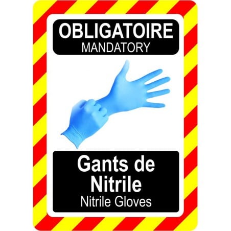 Pancarte bilingue d'équipement de protection individuelle: Obligatoire, port de gants de nitrile, modèle bleu