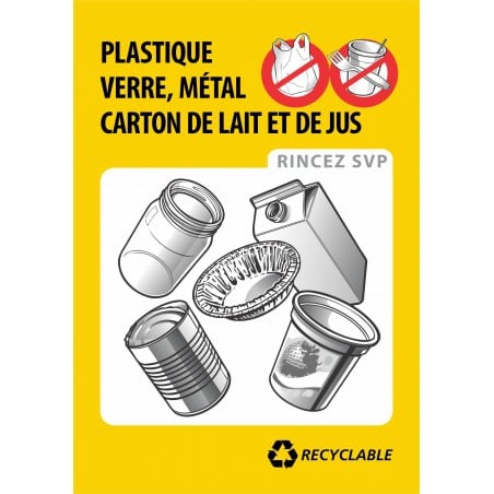 Affiche de recyclage Recyc-Québec: Plastique, verre, métal, carton de lait et de jus