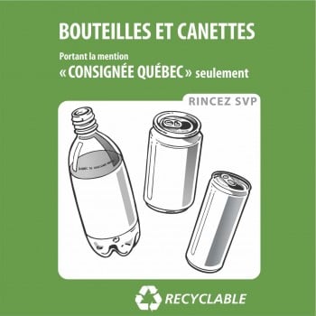 Affiche carré de recyclage, Recyc-Québec: Bouteilles et canettes