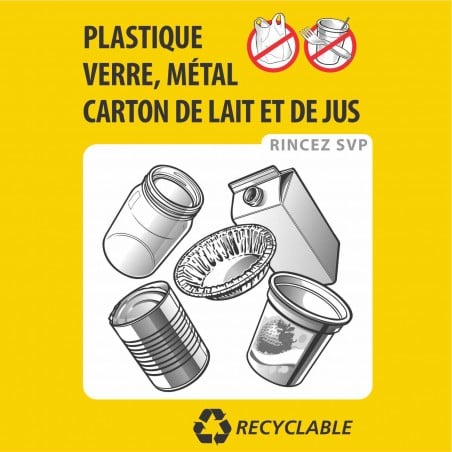 Affiche carré de recyclage, Recyc-Québec: Plastique, verre, métal, carton de lait et de jus