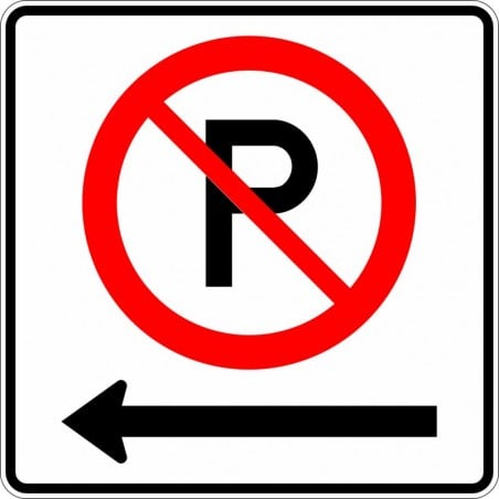 Panneau de prescription de stationnement (MTQ) P-150-1-G - Stationnement interdit, avec flèche vers la gauche