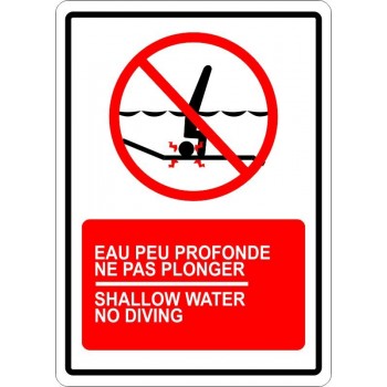 Affiche de sécurité pour piscine bilingue: eau peu profonde, ne pas plonger