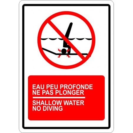 Affiche de sécurité pour piscine bilingue: eau peu profonde, ne pas plonger