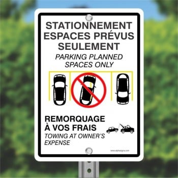 Affiche de stationnement bilingue : Stationnement espaces prévus seulement