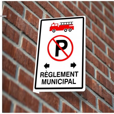 Affiche de sécurité-incendie: Stationnement interdit - règlement municipal, en forme de L, perpendiculaire