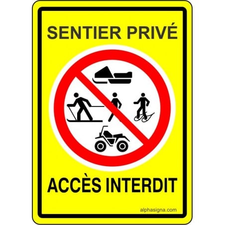 Affiche hivernale: Sentier privé, accès interdit, fond jaune