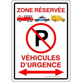 Affiche de stationnement interdit: véhicules d'urgence avec flèche double sens (Rouge)