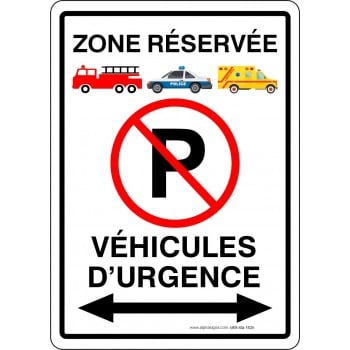 Affiche de stationnement interdit : réservé véhicules d'urgence avec flèche double sens (Noir)
