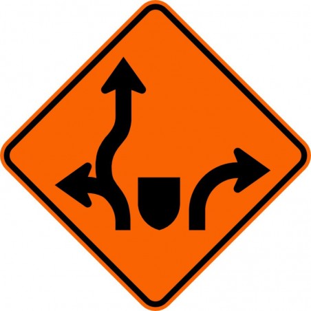 Panneau de travaux routiers: Déviation de voie dans un carrefour giratoire: T-110-11
