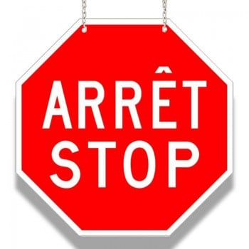 Panneau bilingue d'arrêt-stop suspendu, Recto Verso