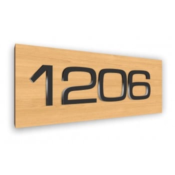 Plaque de numéro de porte intérieure en relief 3D, noir sur fini bois érable