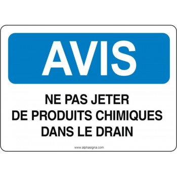 Affiche de sécurité: AVIS Ne pas jeter de produits chimiques dans le drain