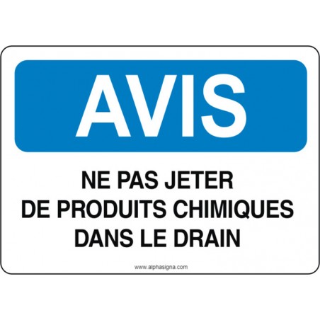 Affiche de sécurité: AVIS Ne pas jeter de produits chimiques dans le drain