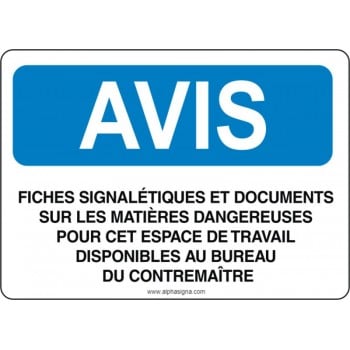 Affiche de sécurité: AVIS Fiches signalétiques et documents sur les matières dangereuses