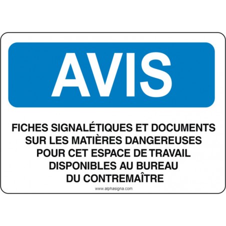 Affiche de sécurité: AVIS Fiches signalétiques et documents sur les matières dangereuses